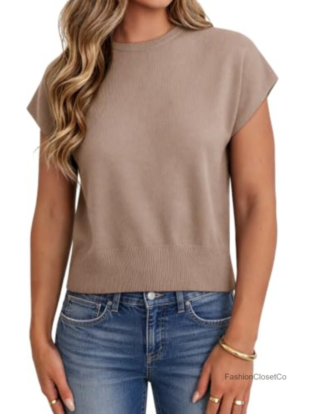 Short Sleeve Knit Sweater Women's Pullover Crewneck Cropped